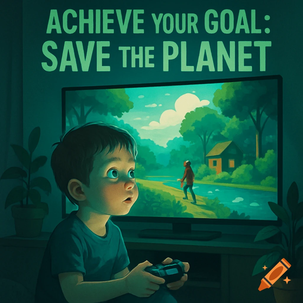 An illustrated young boy plays a video game, looking at a TV displaying a lush natural scene. Text above reads 'ACHIEVE YOUR GOAL: SAVE THE PLANET'.