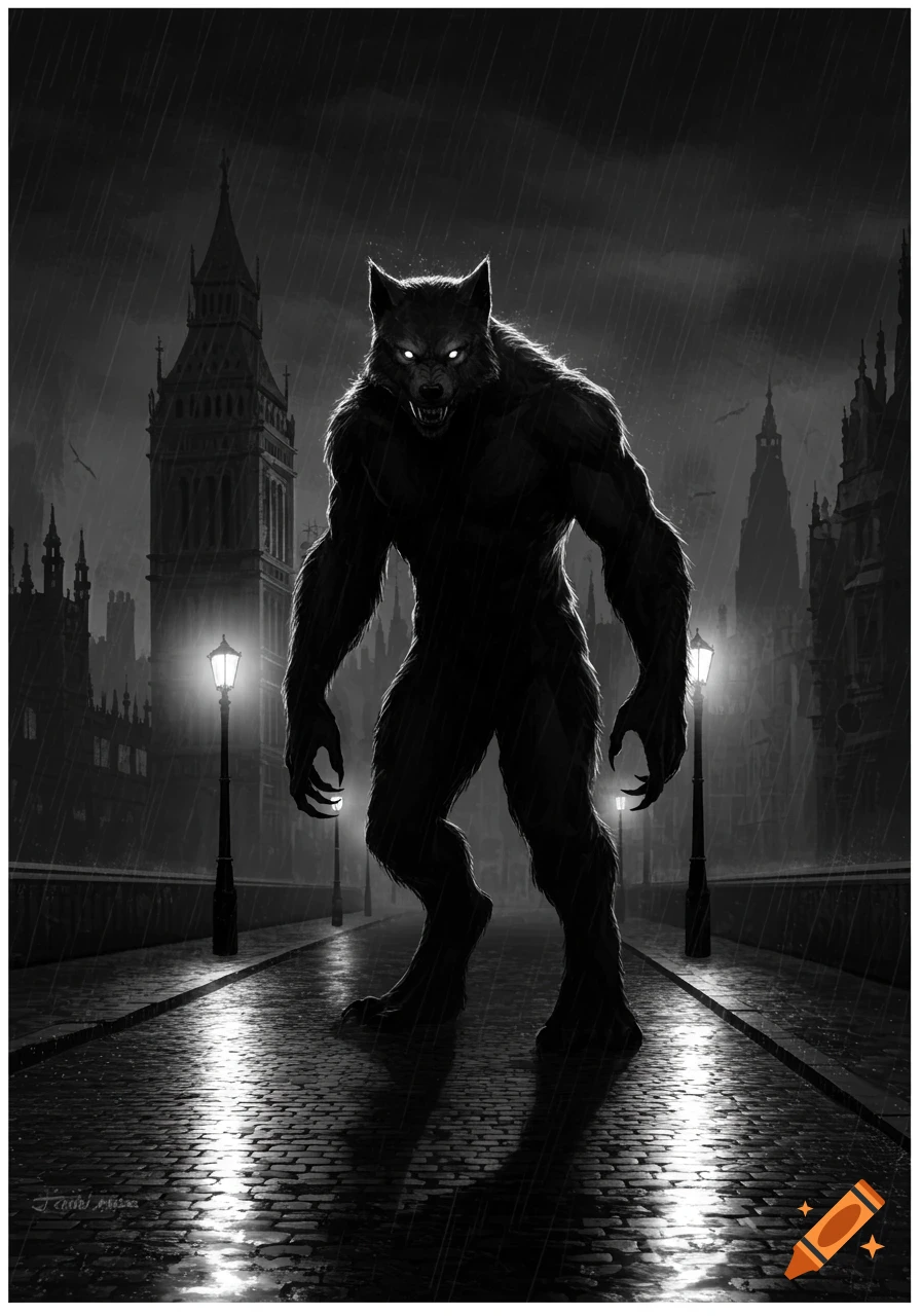 Monochrome illustration of a werewolf on a rainy London street with Big Ben in the background.