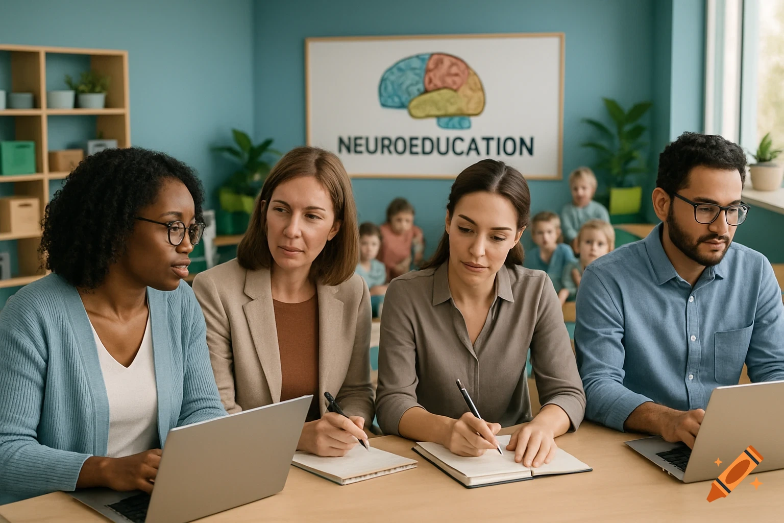Four diverse teachers in a modern classroom, taking notes at a neuroeducation workshop, with children in the background. Photorealistic style.