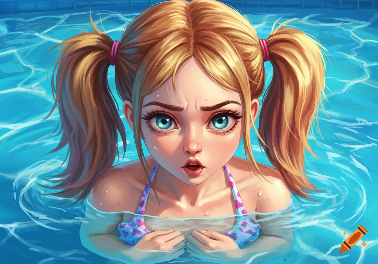 Cartoon illustration of a blonde girl with pigtails in a swimming pool, with furrowed brows and an open mouth, wearing a patterned swimsuit.