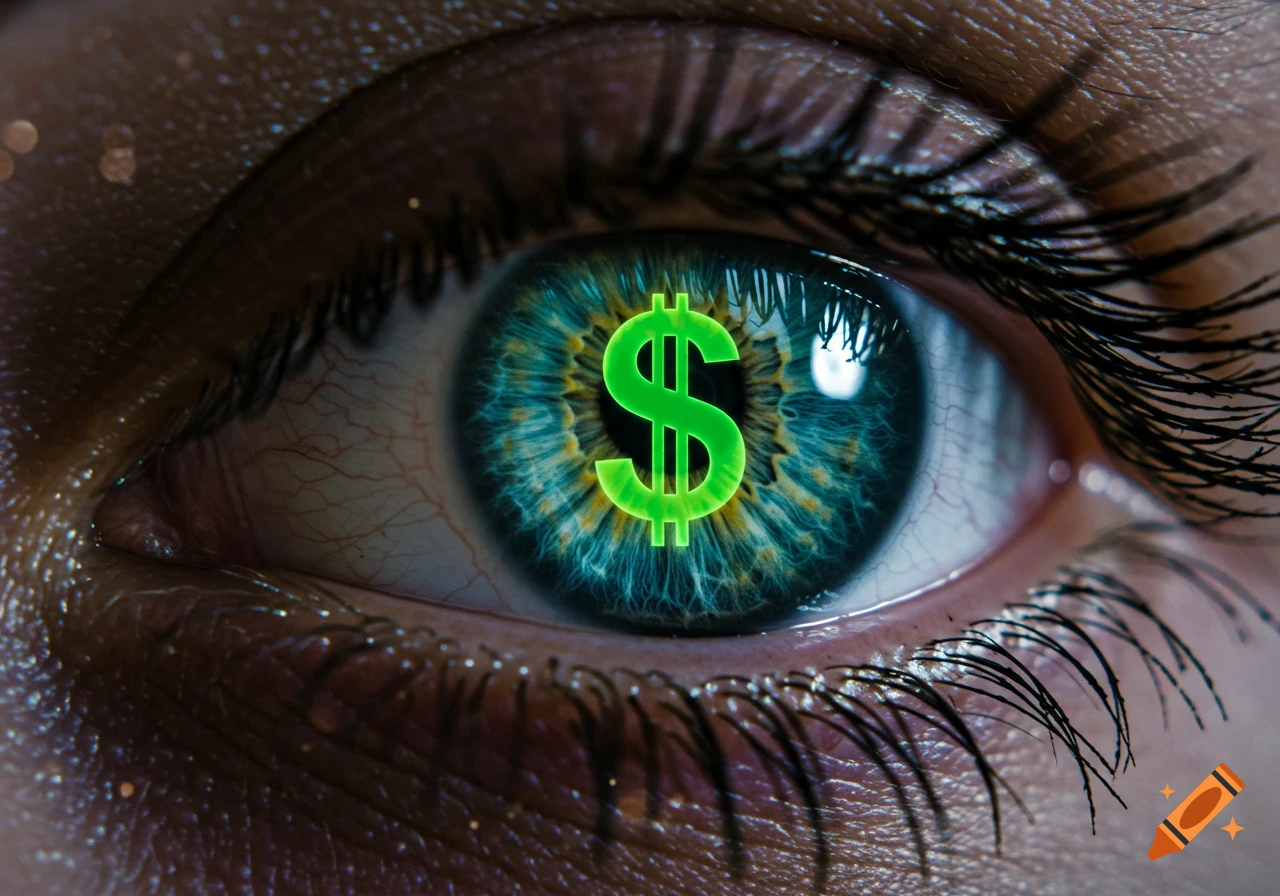 Close-up of a human eye with a bright green dollar sign in the pupil, featuring detailed eyelashes and dramatic lighting.