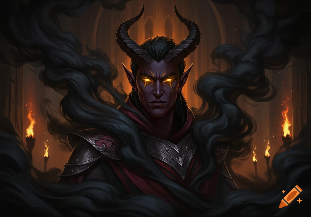 A horned Tiefling character with glowing golden eyes and dark armor emerges from swirling black smoke in a dimly lit, ancient hall.