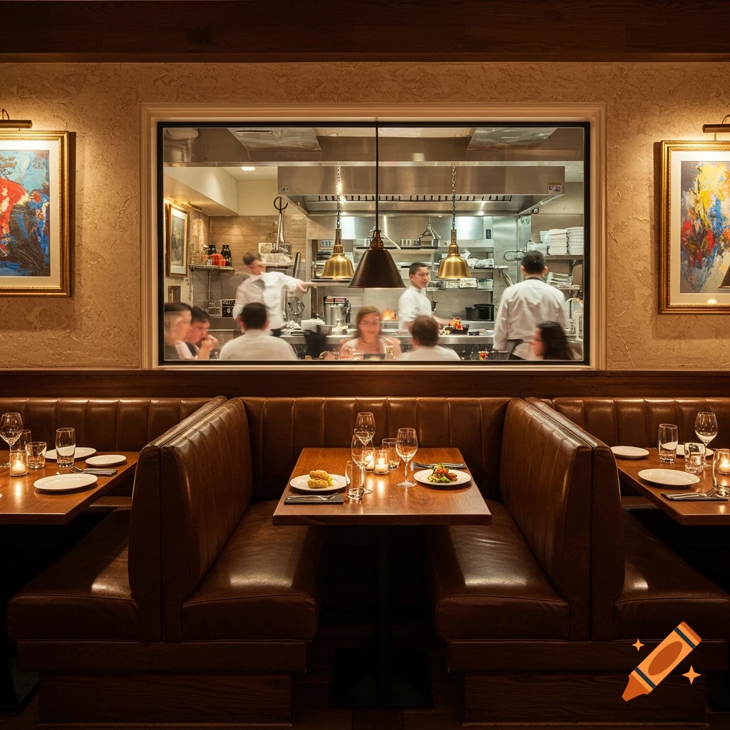 View from a restaurant booth showing leather seats and wooden tables, looking through a window into a busy kitchen with chefs and staff.
