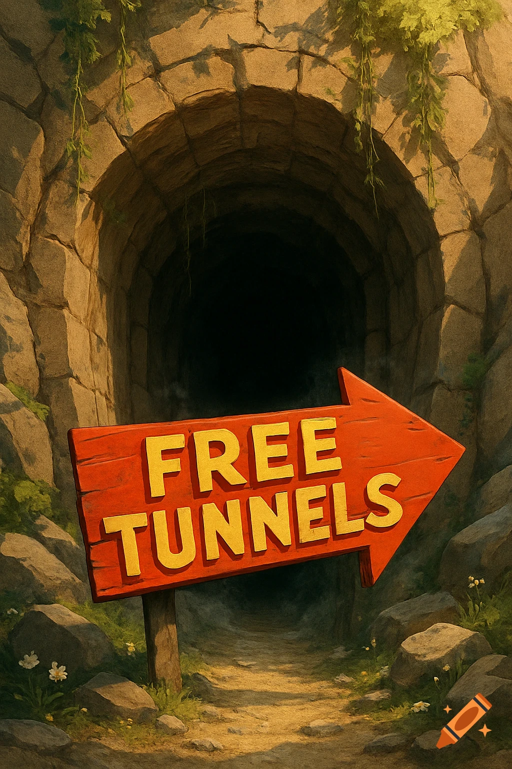A stylized illustration of a path to a dark stone tunnel entrance, with a red arrow sign reading 'FREE TUNNELS'.