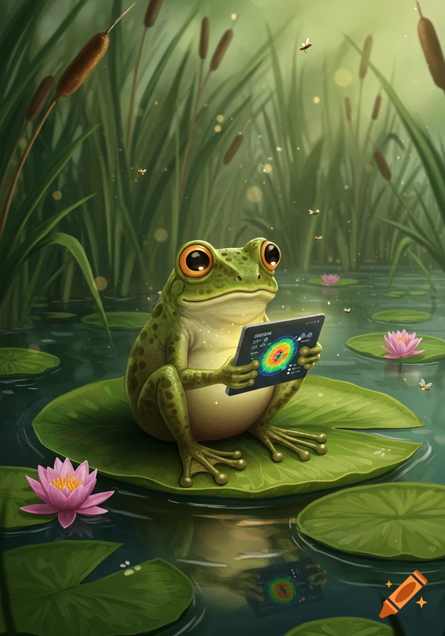 Cartoon frog sitting on a lily pad, looking at a tablet with a colorful data display, in a pond with cattails and water lilies.