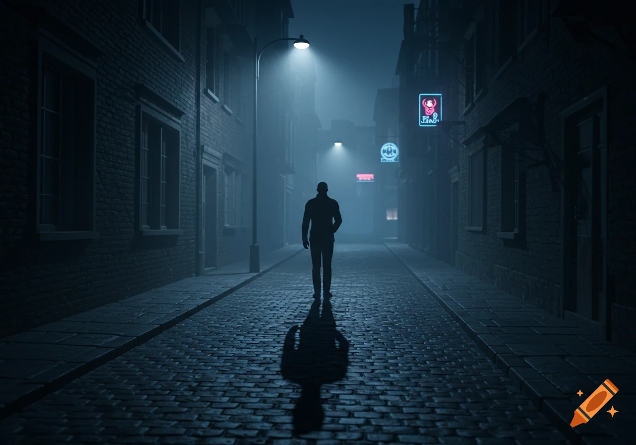 A lone silhouetted figure walks down a dark, foggy cobblestone street at night, lit by streetlights and neon signs.