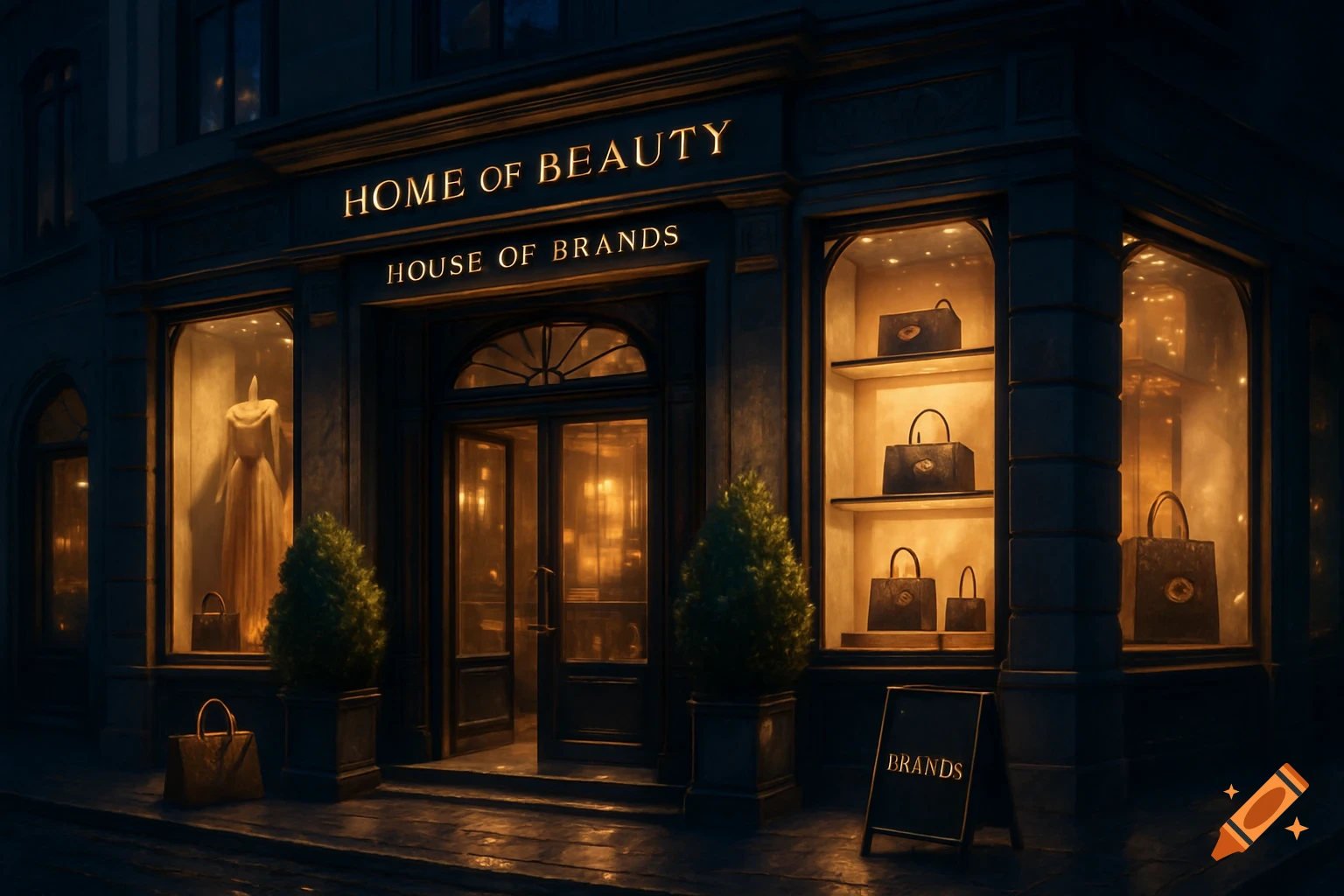 Photorealistic shot of a luxury store facade at night, illuminated signs 'HOME OF BEAUTY' and 'HOUSE OF BRANDS', display windows with a dress and handbags, and a sidewalk sign 'BRANDS'.