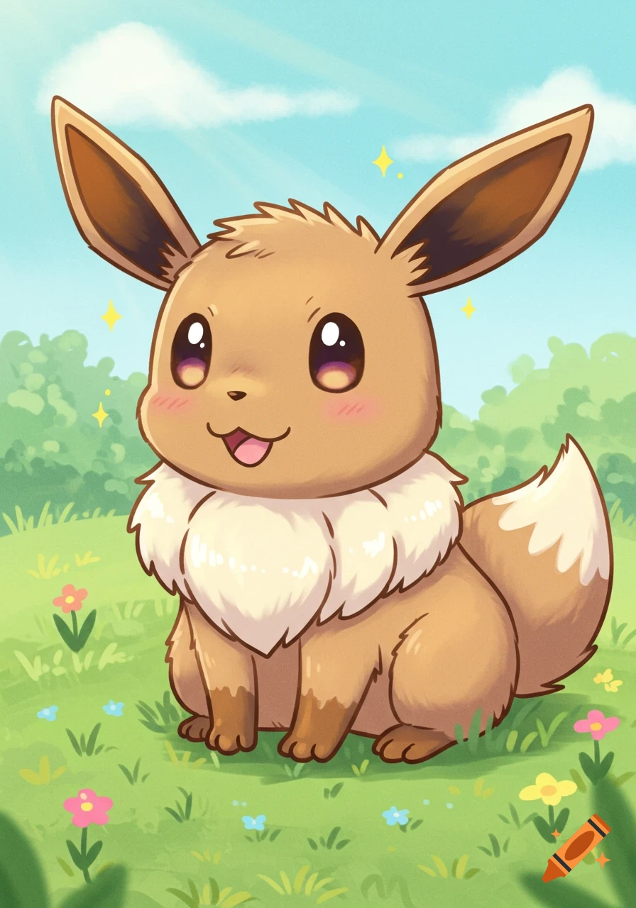 A cute, smiling cartoon Eevee sits in a green field with flowers under a blue sky.