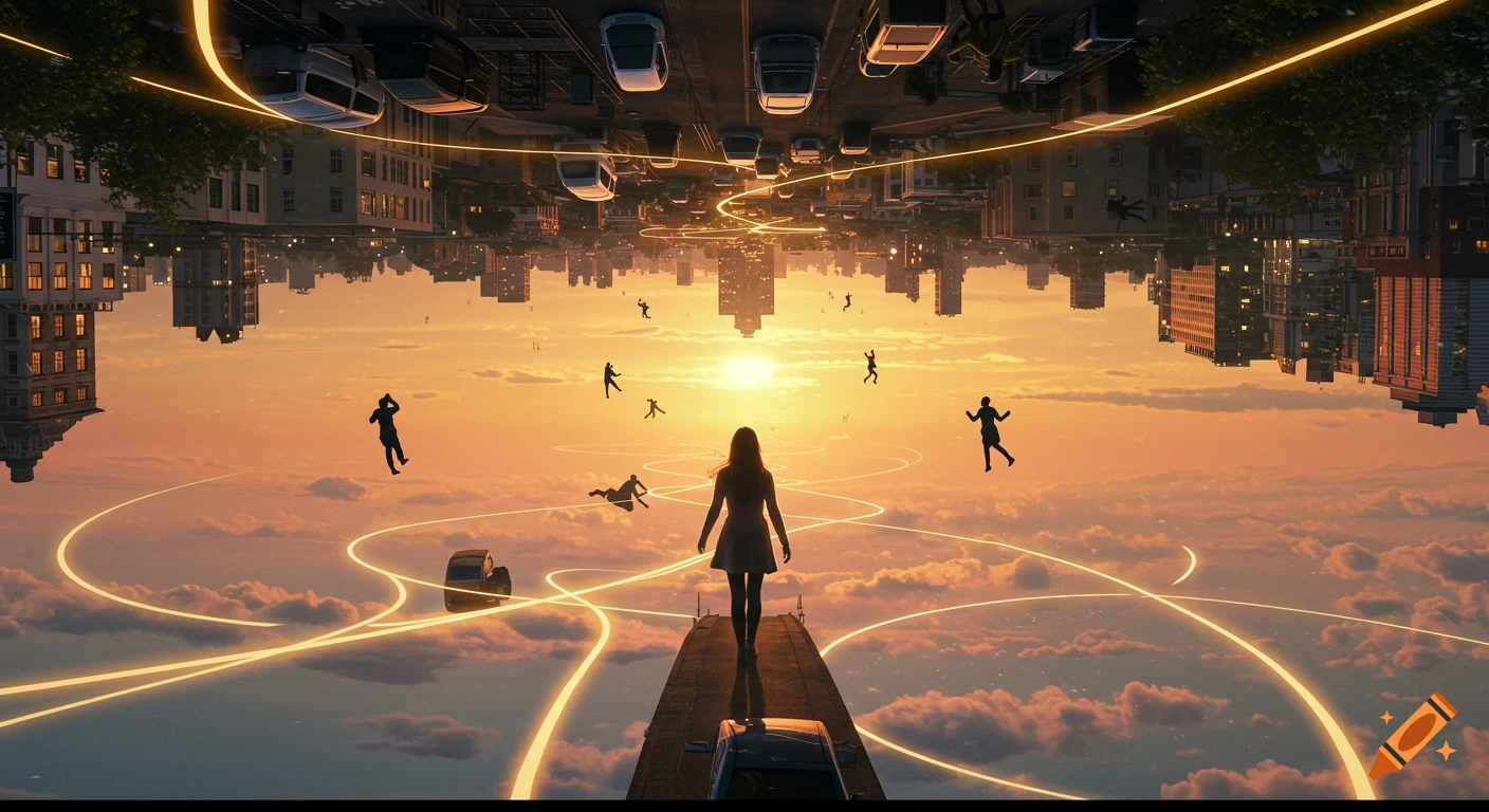 A woman stands on a sky-road looking at an upside-down city and floating people under a glowing sunset, with bright energy lines.