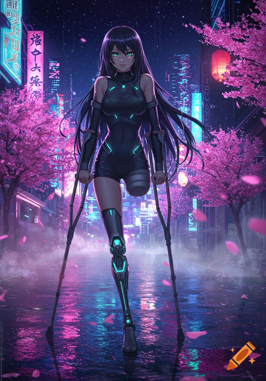 Anime-style woman with a prosthetic leg and crutches in a neon-lit cyberpunk city street with cherry blossoms.