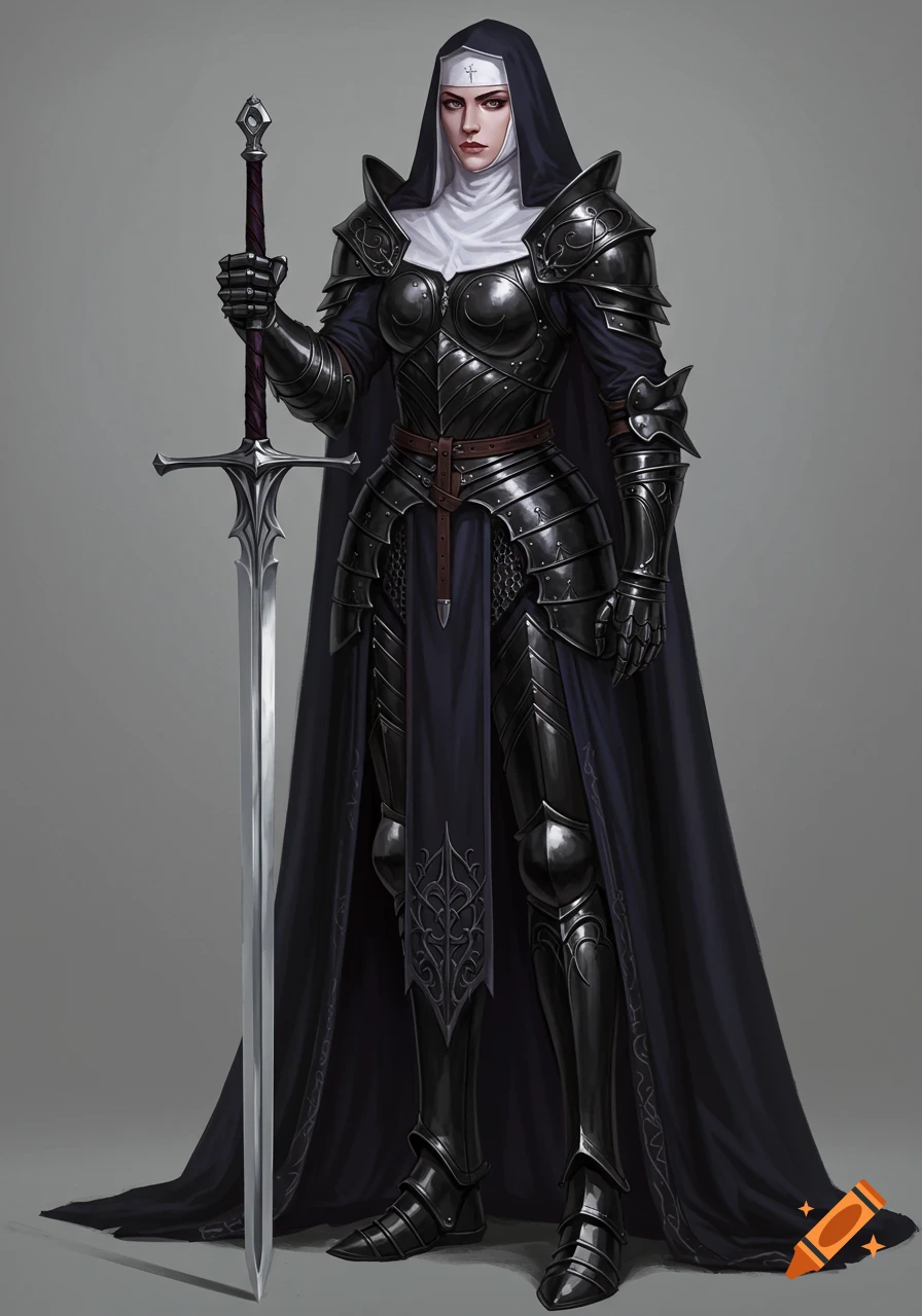 A female warrior nun in ornate black armor and flowing dark robes holds a longsword against a plain gray background, digital painting.