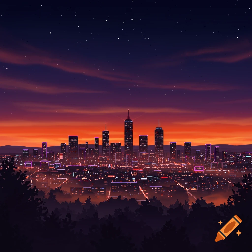 Illustrated city skyline at dusk with a vibrant orange and purple sky, twinkling stars, and bright city lights illuminating buildings and foreground trees.