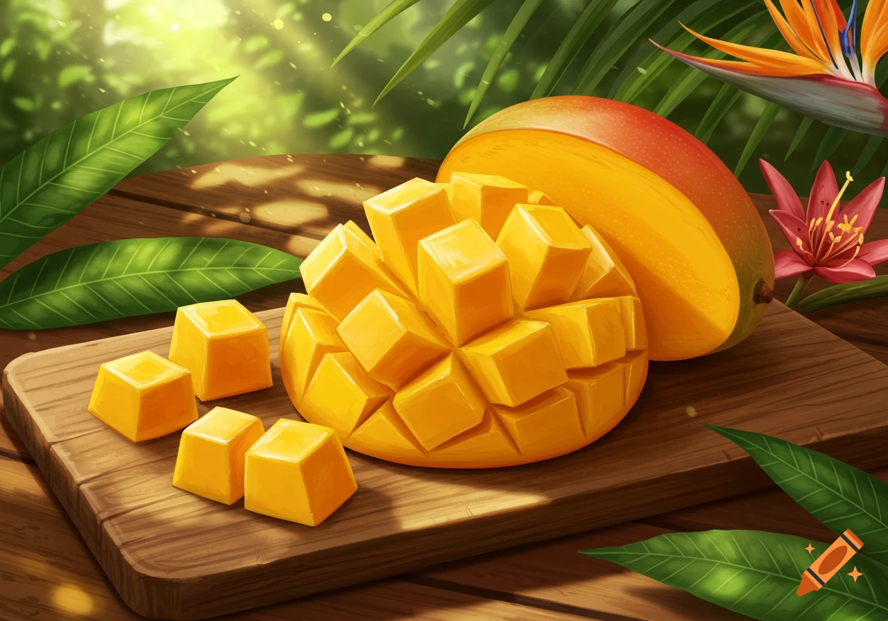 Vibrant illustration of a sliced mango with cubes and a whole mango on a wooden board, surrounded by tropical leaves and flowers.