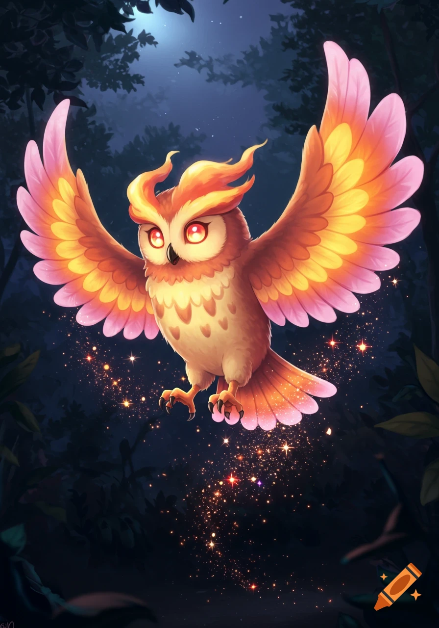 A magical, cartoon fire-fairy owl with glowing eyes and vibrant pink and yellow wings flies through a dark, sparkling forest.