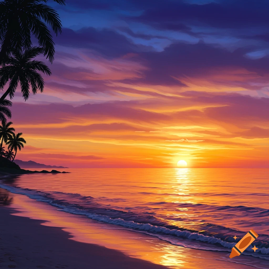 Vibrant illustration of a tropical beach sunset with palm trees silhouetted against a colorful sky.