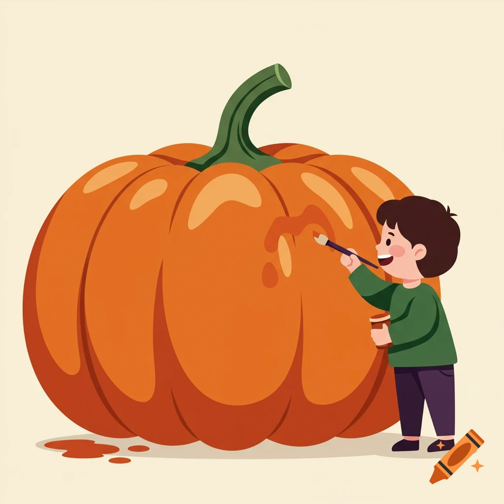A happy cartoon child in a green shirt paints an orange pumpkin, with paint splatters on the ground, in a clean illustration style.