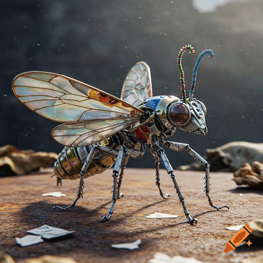 A realistic mechanical bug sculpture crafted from recycled trash and metal, standing on a rusty surface.