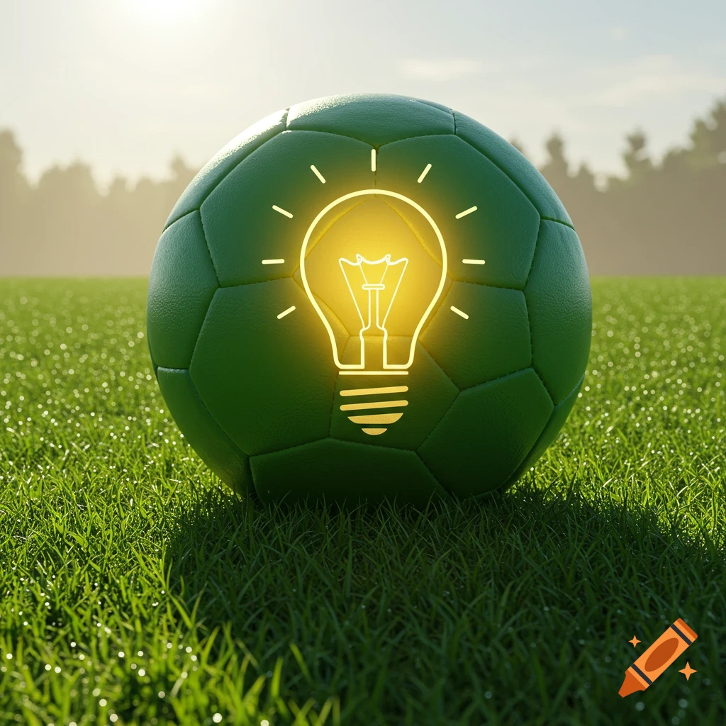 A photorealistic green soccer ball with a glowing light bulb icon on it rests on a dewy green grass field under a bright sky.