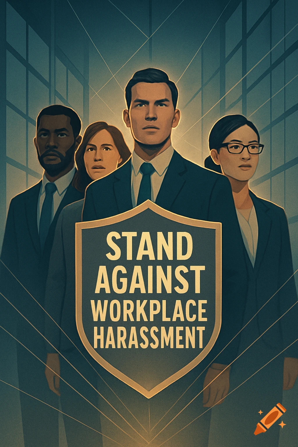 A stylized poster showing diverse professionals and a shield reading 'STAND AGAINST WORKPLACE HARASSMENT'.