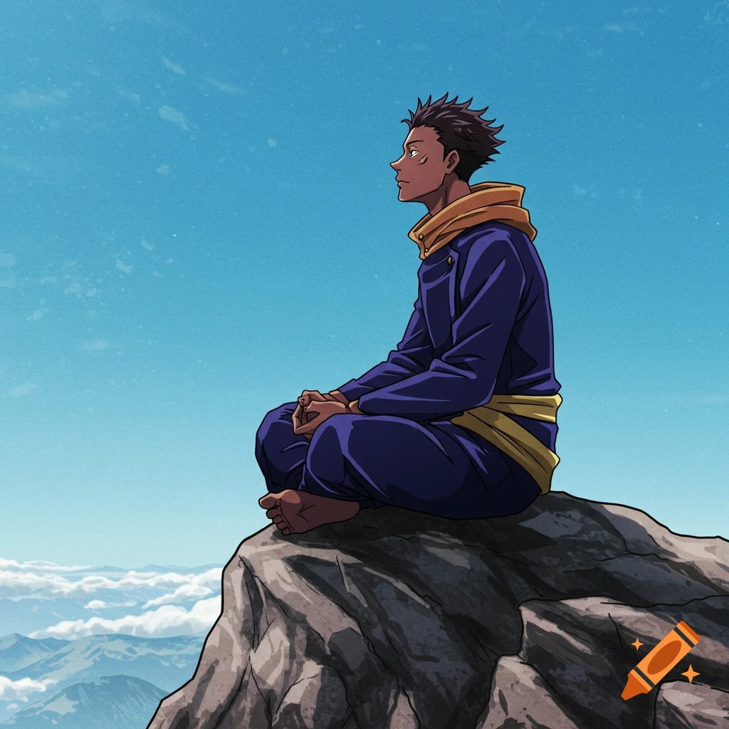 Anime character with dark brown skin sitting in a yoga pose on a mountain top, looking out at a vast landscape of clouds and mountains.