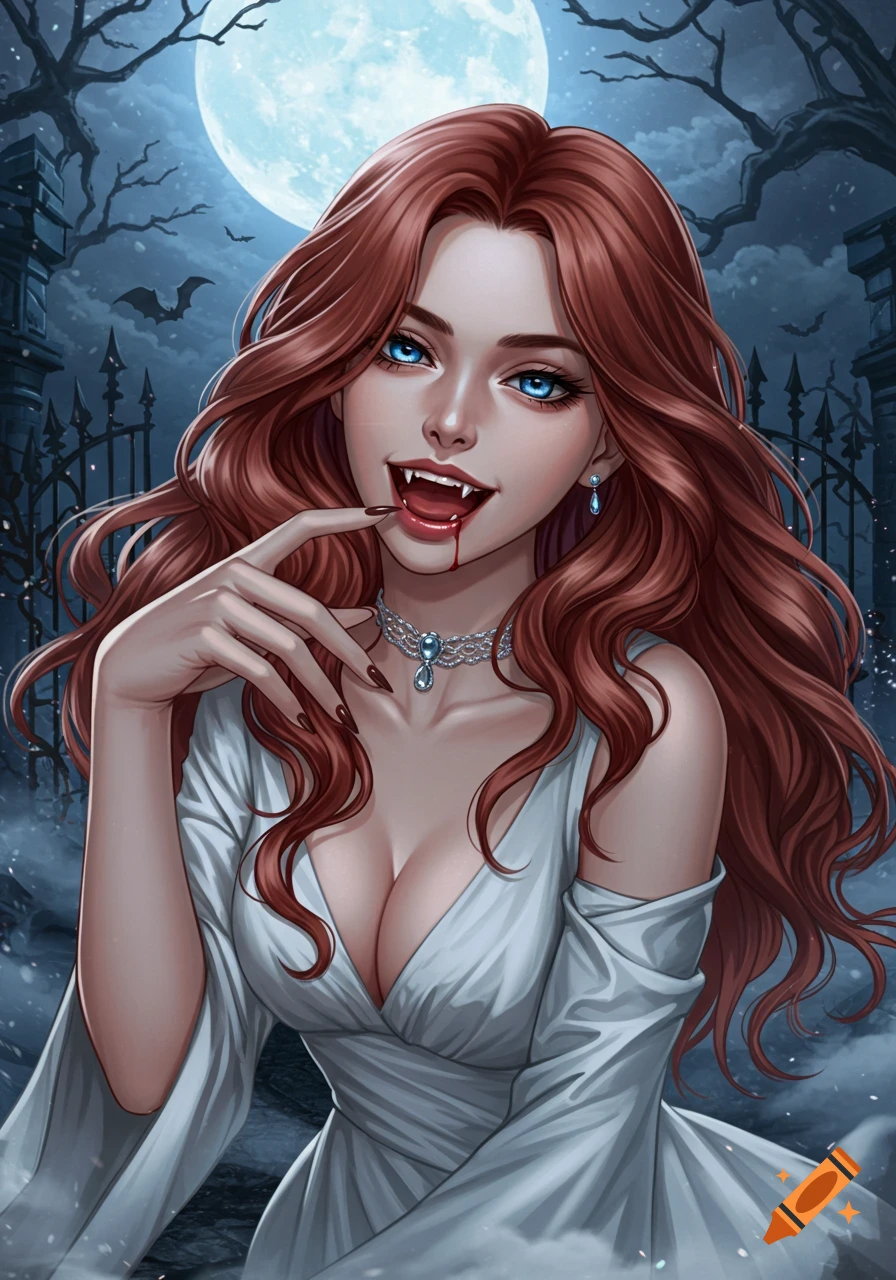 Anime vampire woman with auburn hair and blue eyes, fangs exposed and blood on her lips, wearing a white dress under a full moon.