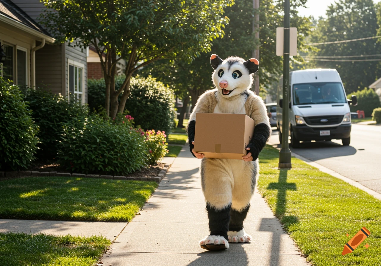 A person in an opossum fursuit walks on a suburban sidewalk, carrying a cardboard box.