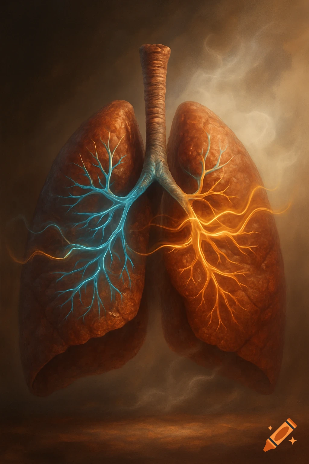 Stylized illustration of human lungs with glowing blue and orange bronchial tubes against a smoky brown background.