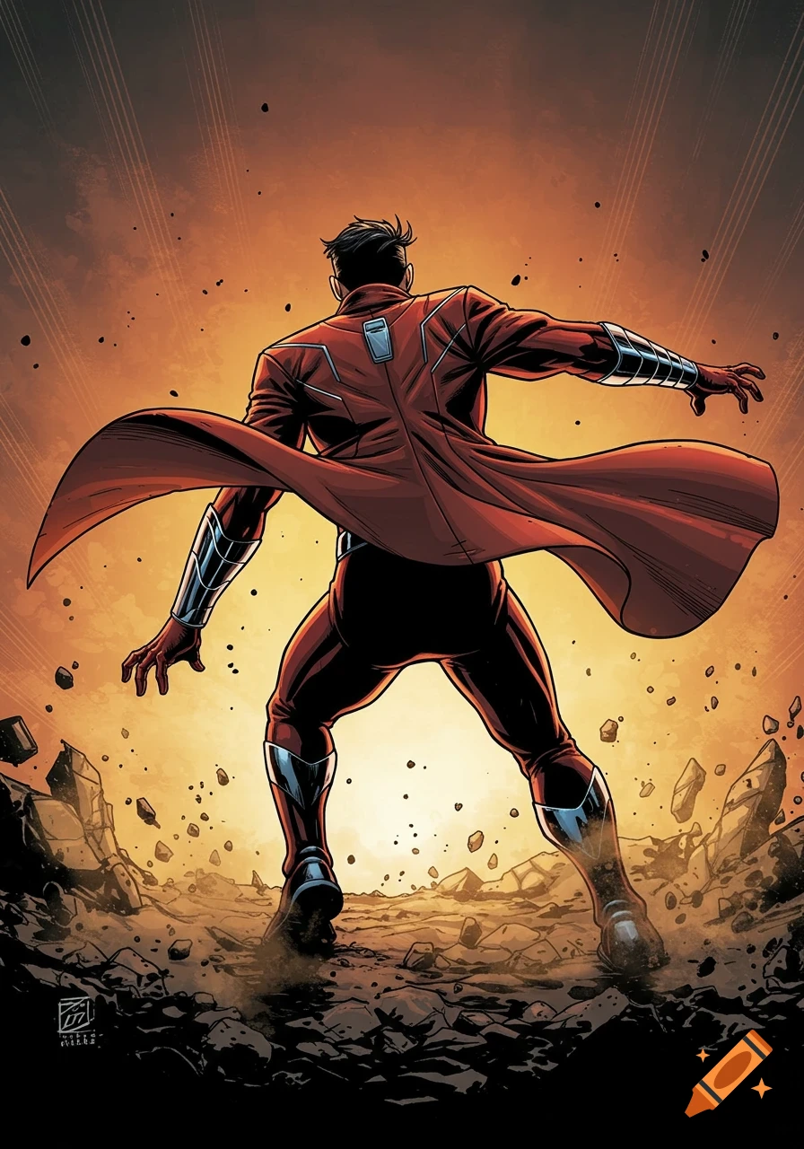 Comic book art of a superhero in a red long jacket and dark suit, from behind, crouched after landing on debris with an orange sky.