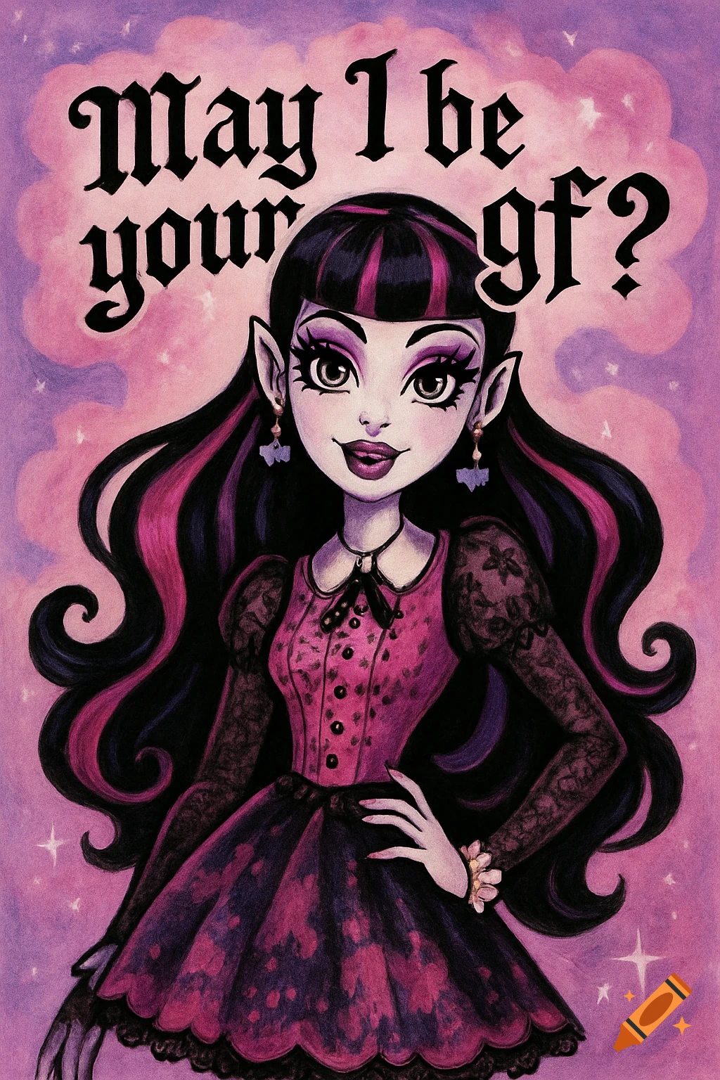 Cartoon Draculaura from Monster High in a pink and black gothic dress, standing against a purple background with stars, asking 'May I be your gf?'