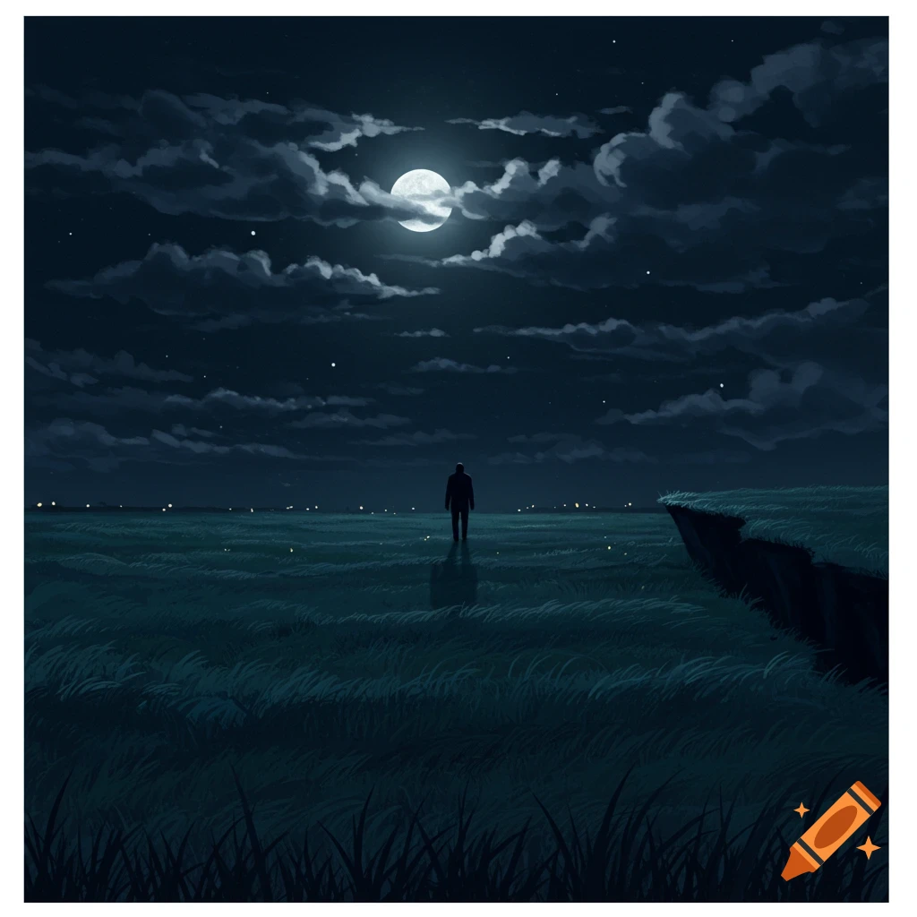 A lone person stands in a vast, dark field under a full moon and cloudy night sky, with a cliff on the right, in a digital painting style.