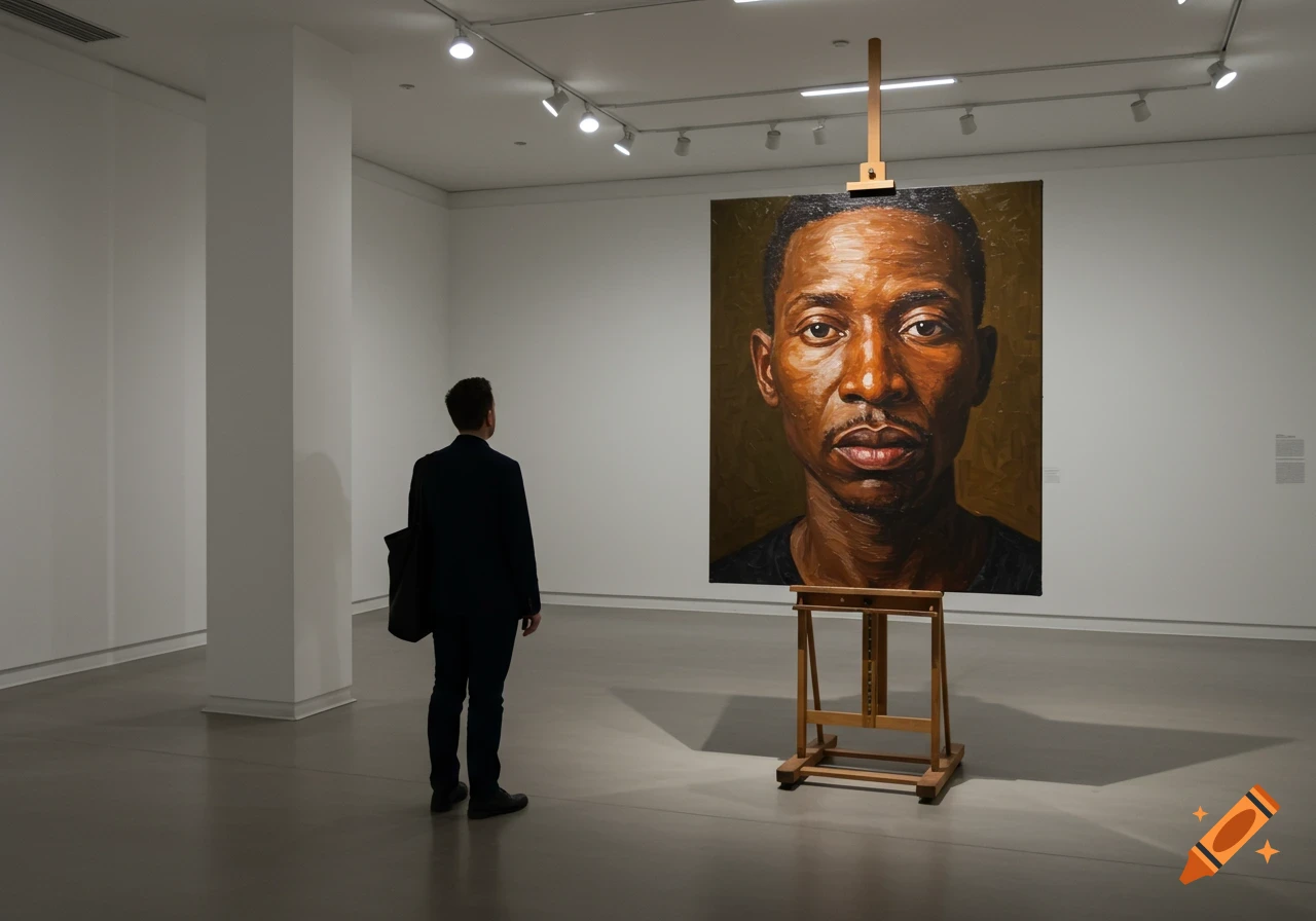 A person in a suit views a large, detailed oil portrait of a man in a minimalist art gallery.