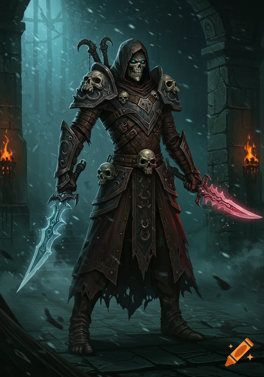A skeletal warrior in dark, skull-adorned armor stands in a snowy dungeon, holding glowing daggers.