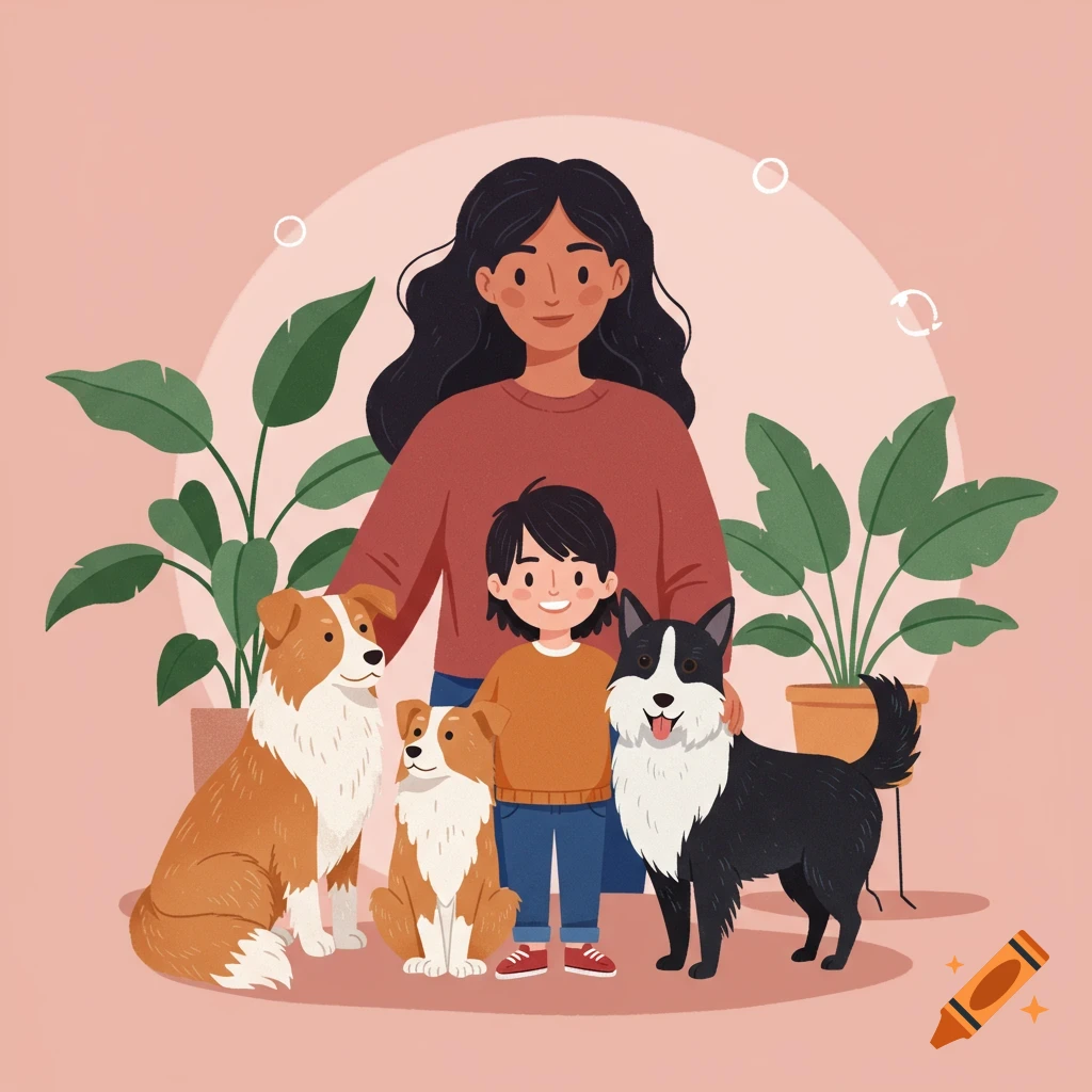 Cartoon illustration of a mother and son smiling with three dogs and houseplants on a pink background.