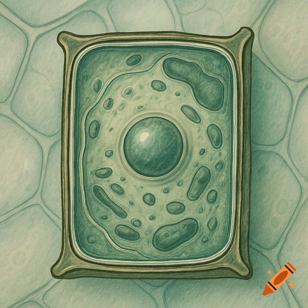 Detailed scientific illustration of a rectangular plant cell, showing its nucleus, cytoplasm, and cell wall in green and brown tones.
