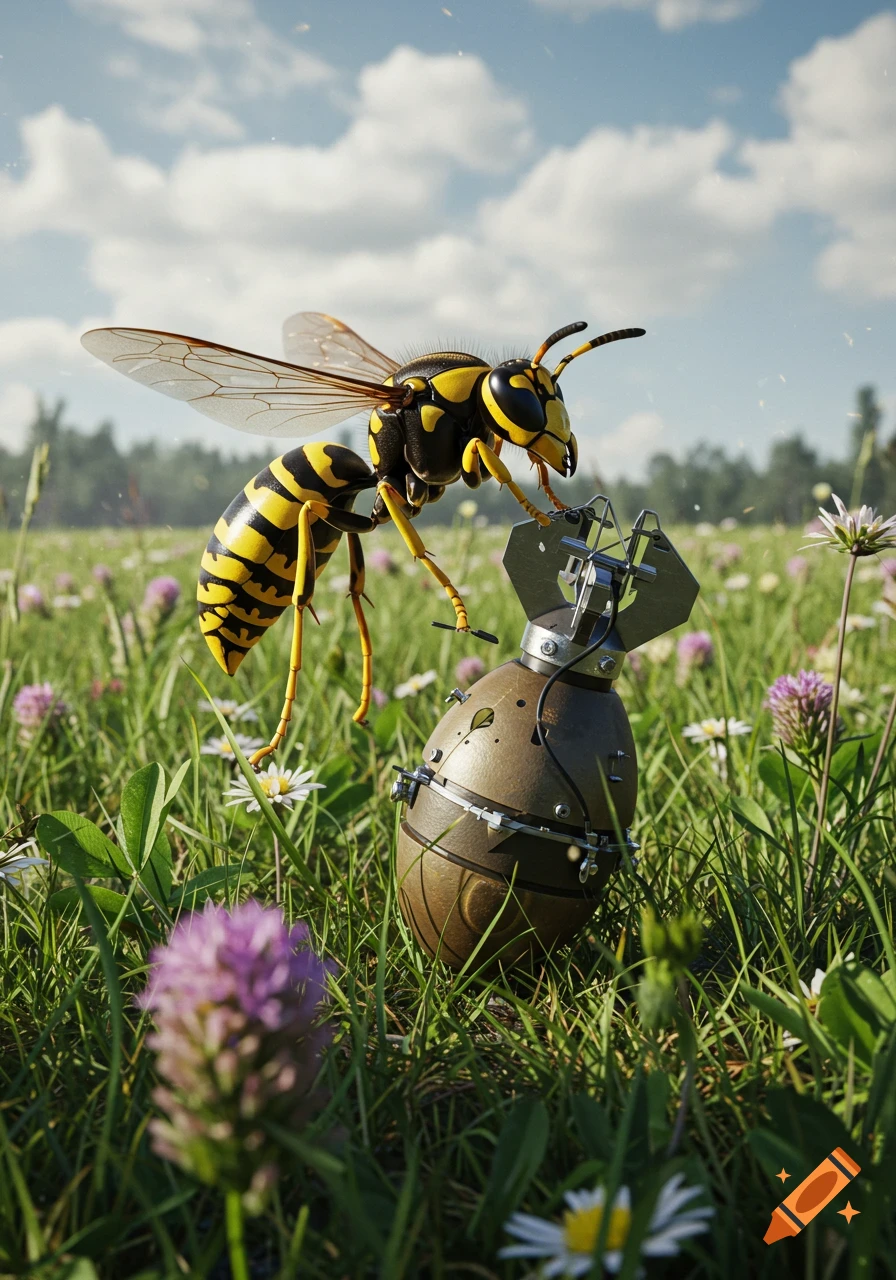 A giant wasp holding an atom bomb in a field of green grass and wildflowers under a cloudy sky.
