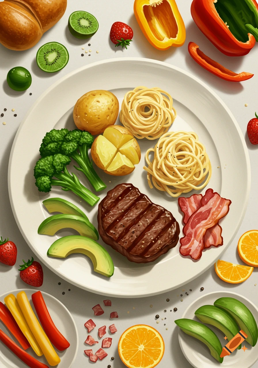 Overhead view of a meal with steak, broccoli, potatoes, avocado, noodles, and bacon, surrounded by scattered fruits and vegetables.