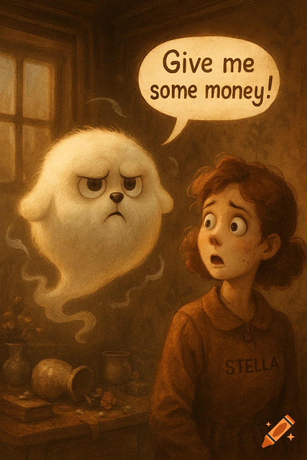 Startled Stella looks at a grumpy, fluffy ghost dog asking for money in a sepia-toned illustration.