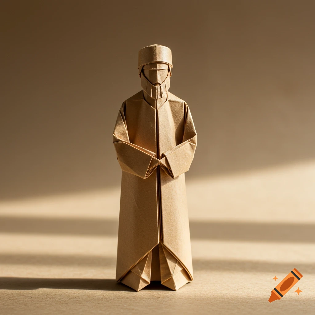 Origami figure of a man in traditional attire, standing with folded hands, in soft lighting.