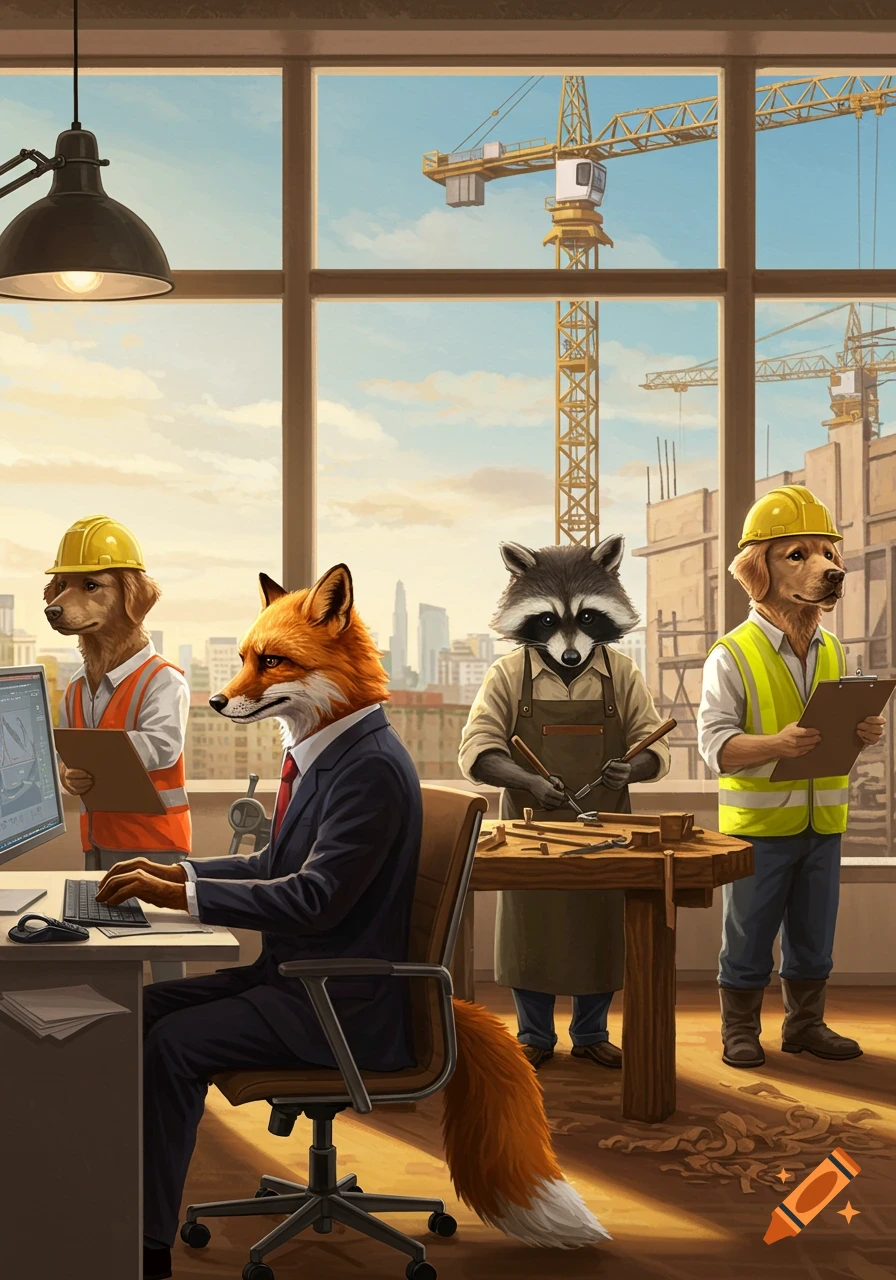 Anthropomorphic animals in an office overlooking a construction site. A fox works on a computer, a raccoon carves wood, and two dogs wear hard hats.