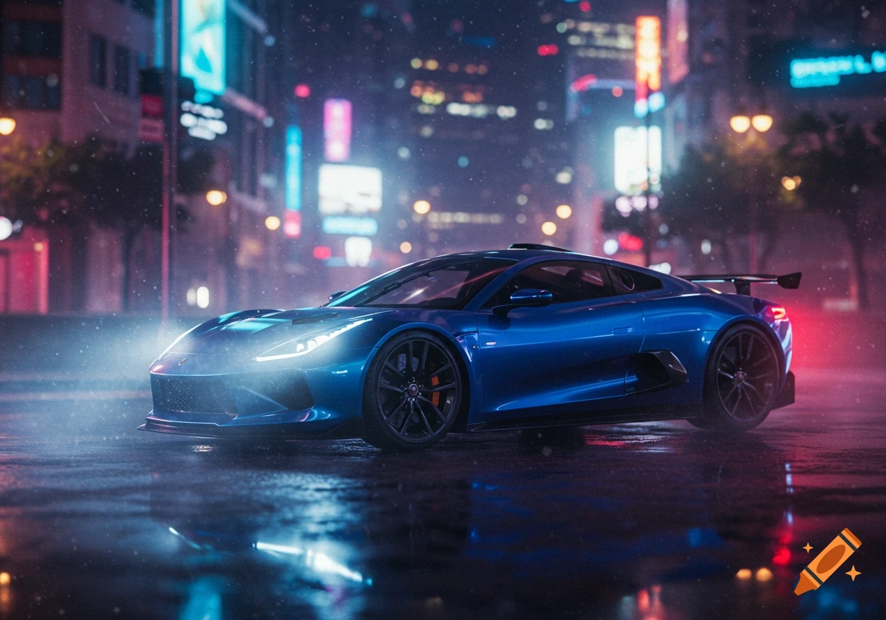 A sleek blue sports car with bright headlights parked on a wet city street at night, with neon lights reflecting on the ground.