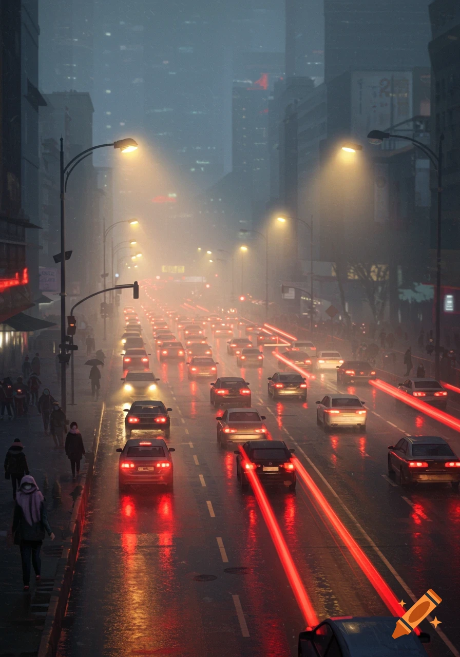 A bustling city street at night, illuminated by bright streetlights and car headlights, with long red taillight trails reflecting on a wet road amidst a foggy urban backdrop.