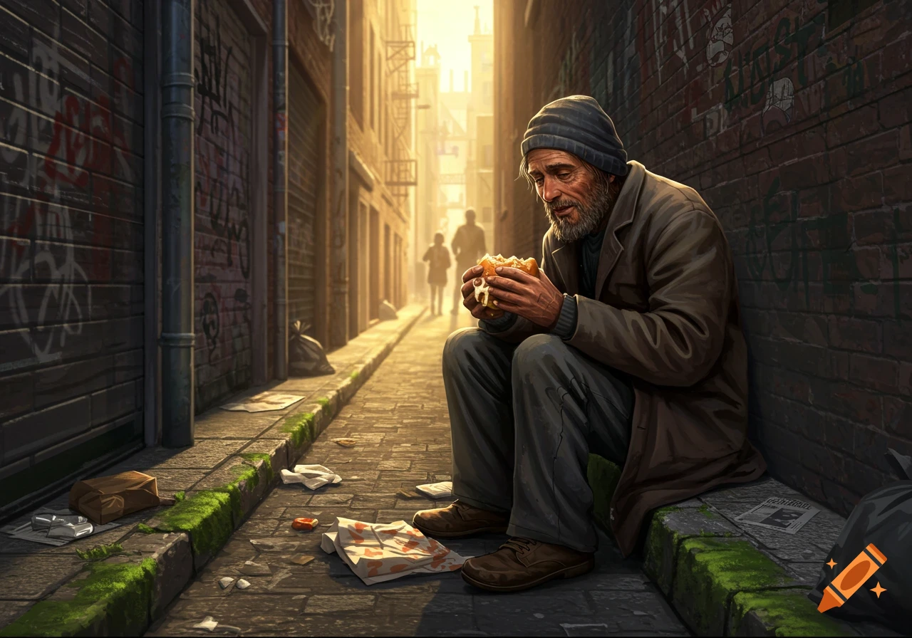 A scruffy homeless man in an alleyway sits and eats a burger, bathed in warm sunlight. Graffiti adorns the brick walls.