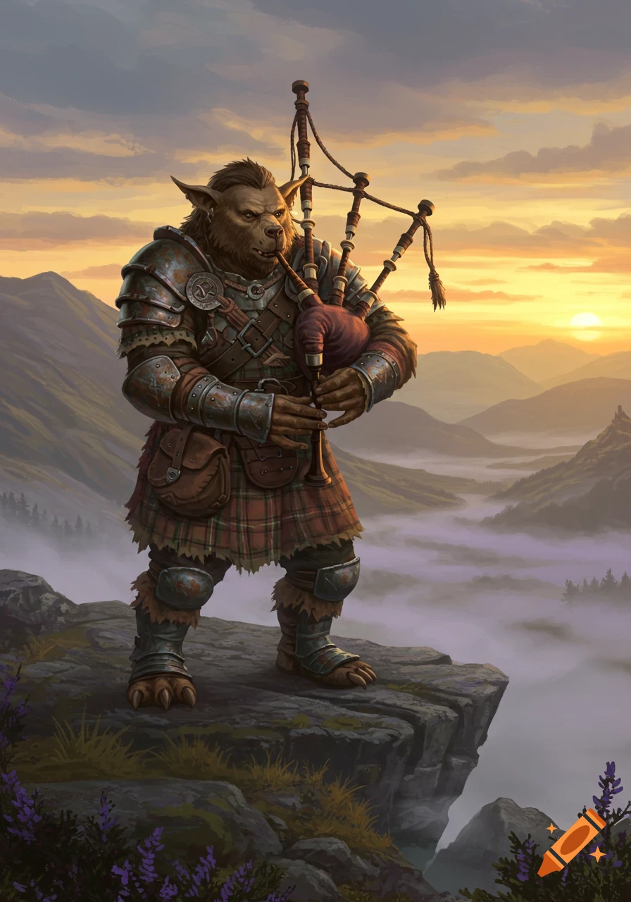 Armored bugbear in a kilt playing bagpipes on a cliff overlooking a misty mountain valley at sunset. Detailed fantasy illustration.
