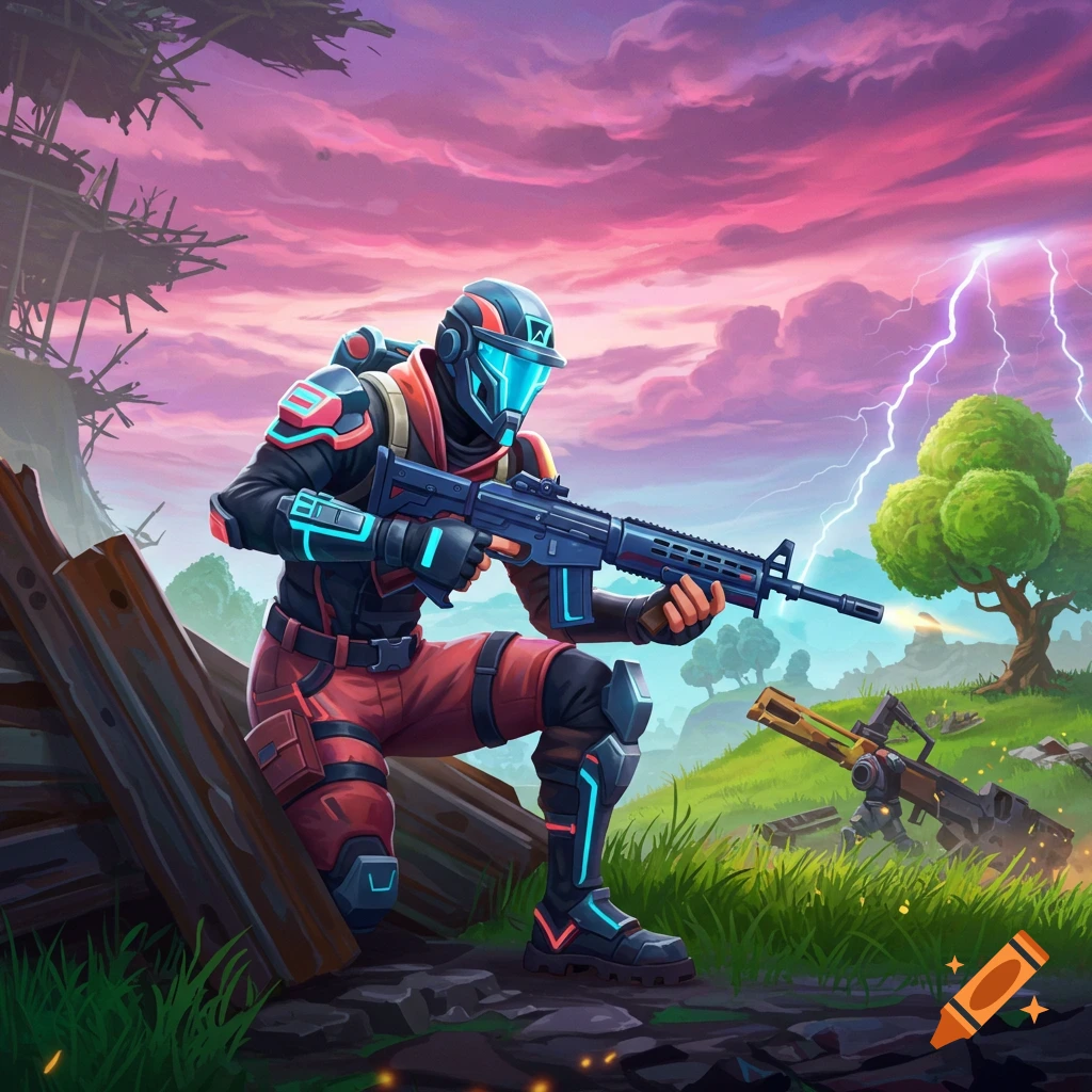 A stylized video game character in futuristic armor kneels with a rifle, against a dramatic pink and purple sky with lightning over a green landscape.