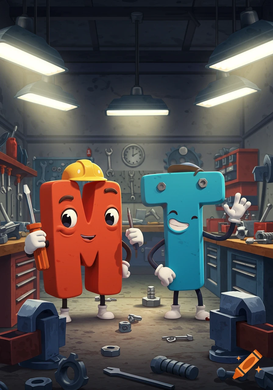 Two smiling cartoon letters, M and T, working in a detailed workshop; M holds a screwdriver while T waves. Cartoon style.