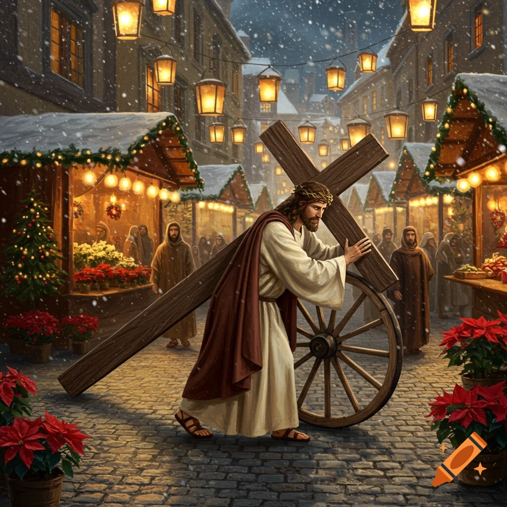 Jesus with a crown of thorns carries a cross with a wheel through a snowy Christmas market, illuminated by festive lanterns and string lights.