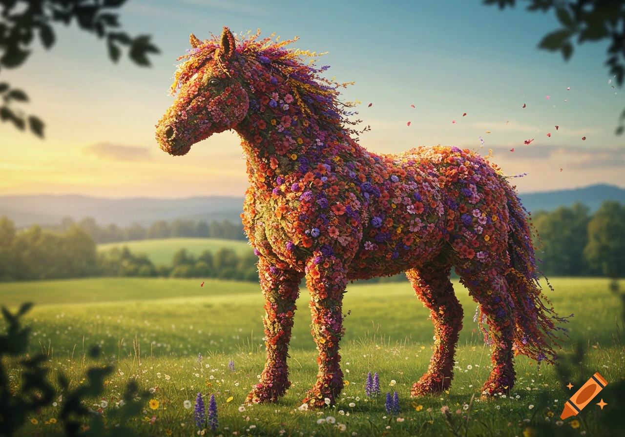 A photorealistic horse made of colorful flowers stands in a lush green meadow bathed in golden hour light.