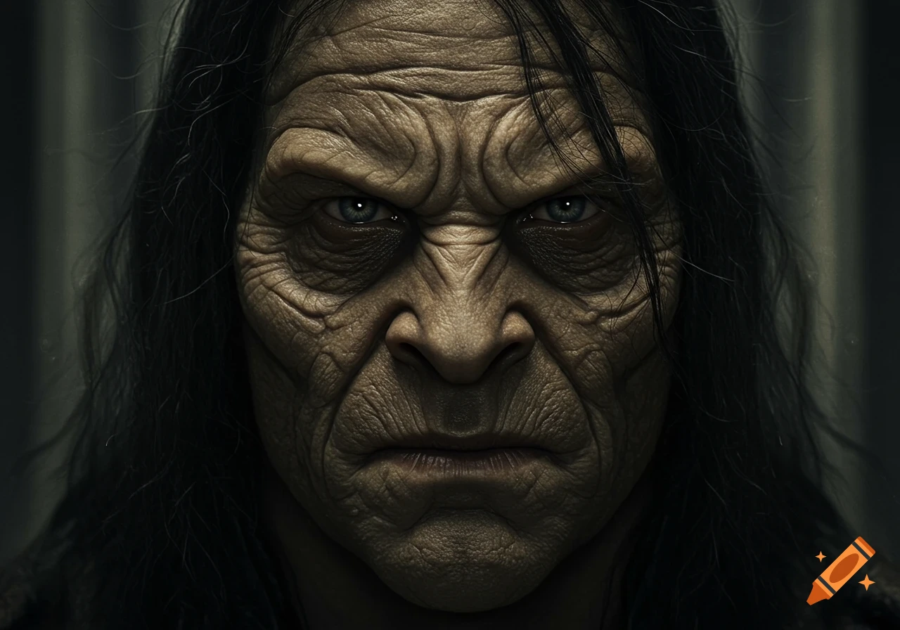 Close-up of a monstrous, heavily wrinkled face with long dark hair and piercing blue eyes.