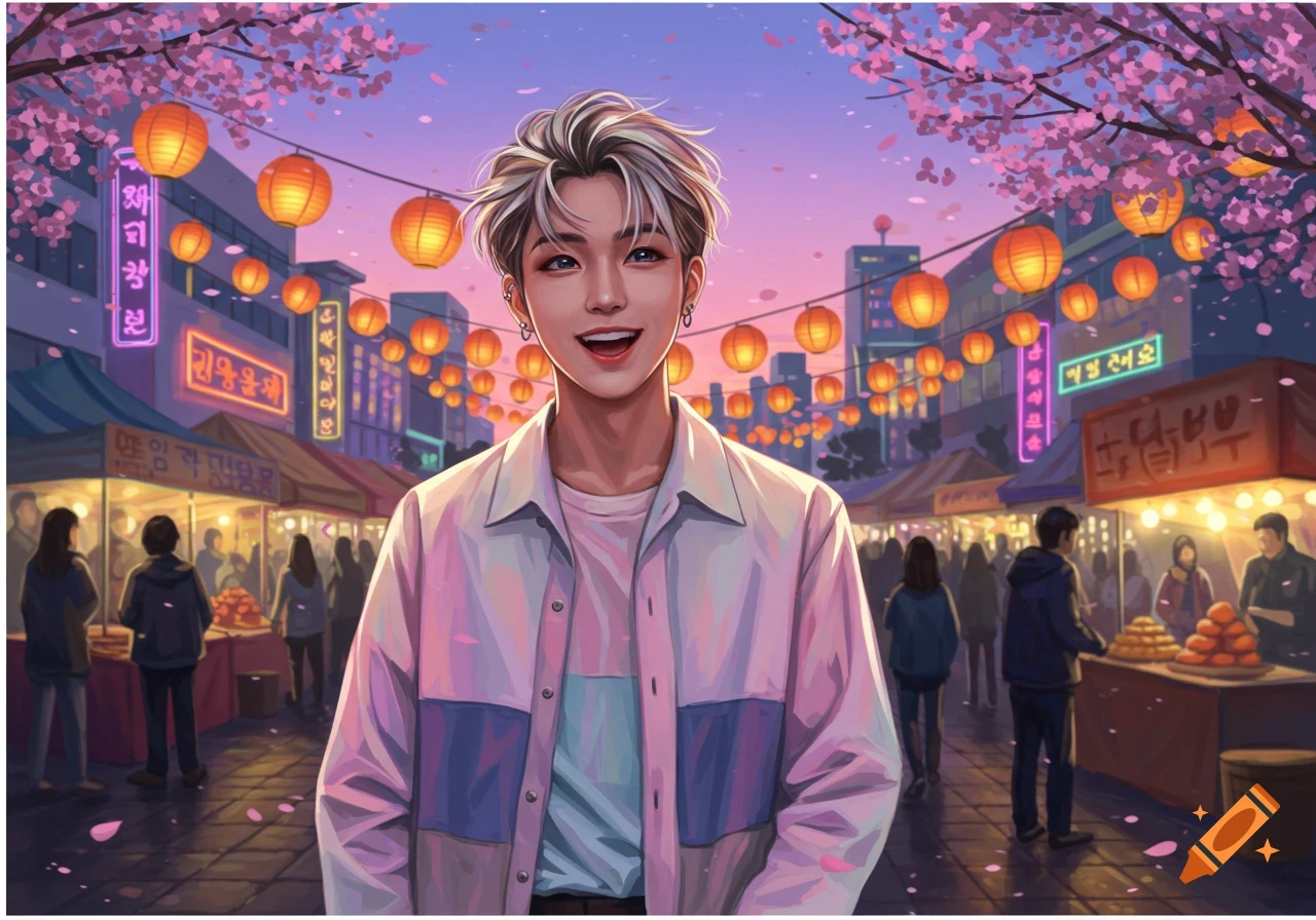 Smiling anime-style Korean boy with silver hair in a pastel outfit stands in a vibrant night market with lanterns and cherry blossoms.