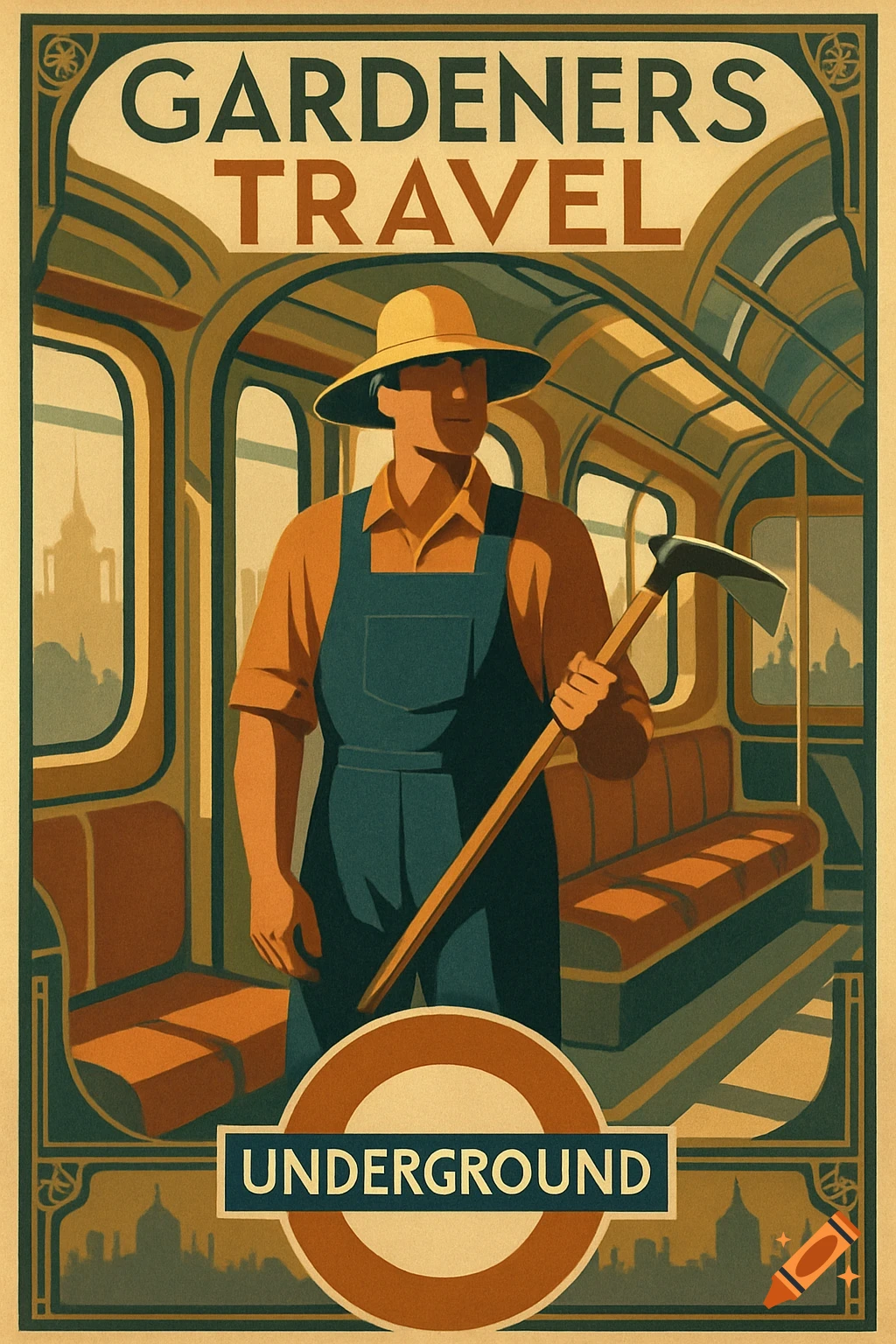 Art Deco poster of a gardener with a hoe on a London Underground train. Text: 'Gardeners Travel Underground'. All text is legible and accurate.